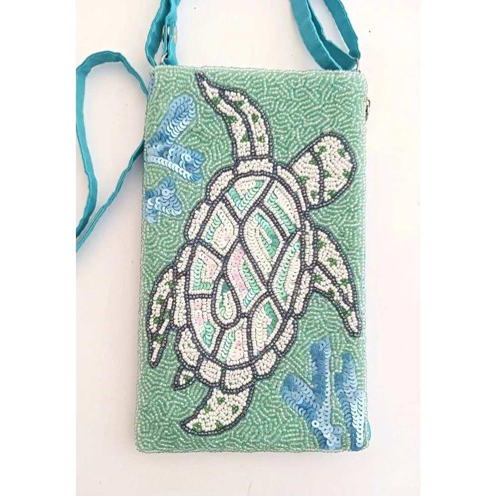 NEW Bamboo Trading Co Beaded Sea Turtle Club Bag Crossbody Cell Phone 8X5 - Picture 6 of 7